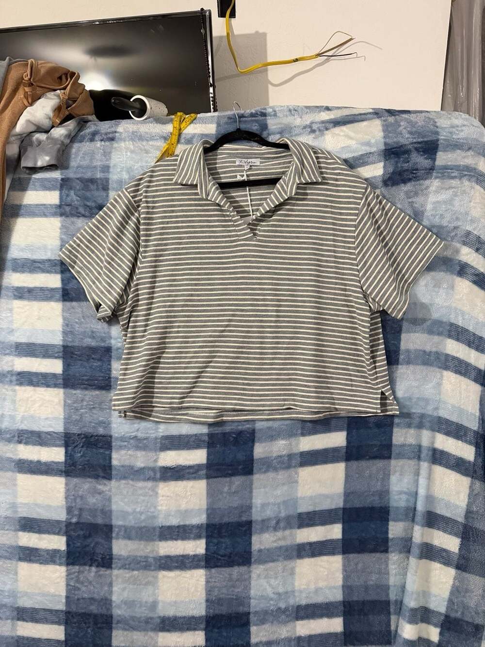 Polagram Striped Short Sleeve Johnny Collar Boxy Polo Top